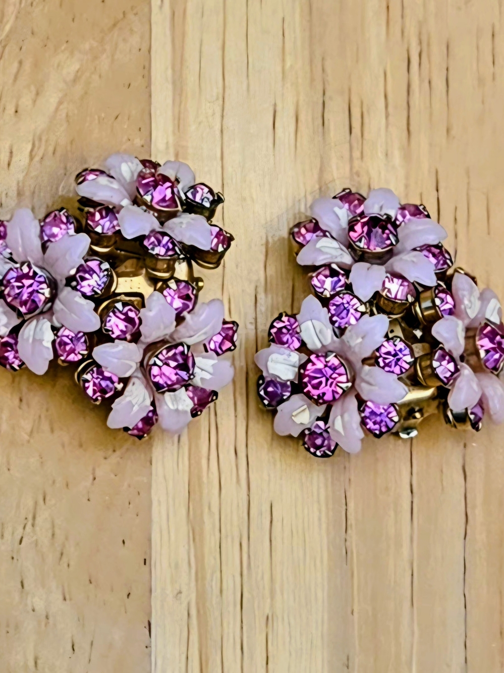 LERU (1950s) Pink Crystal Floral Clip-On Earrings